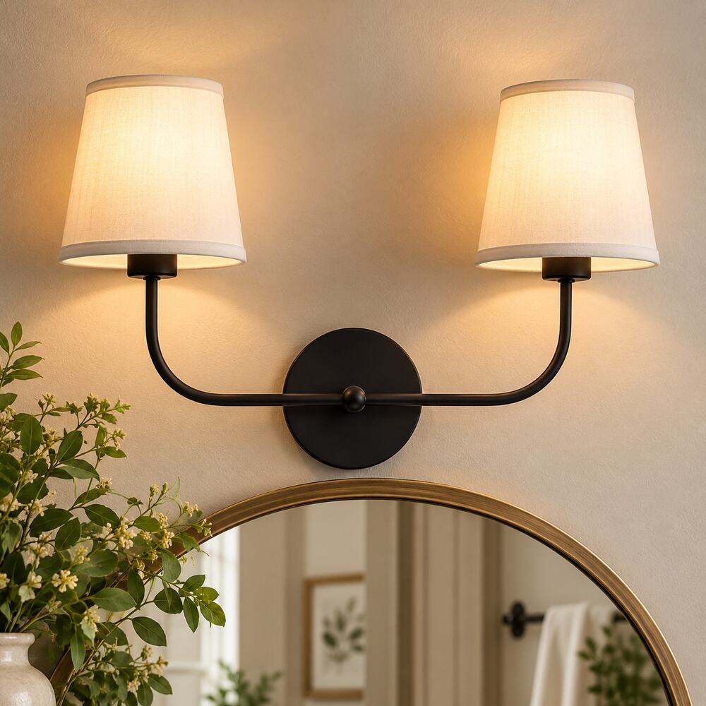 2-Light Matte Black Wall Sconce – White Fabric Shade Vanity Light